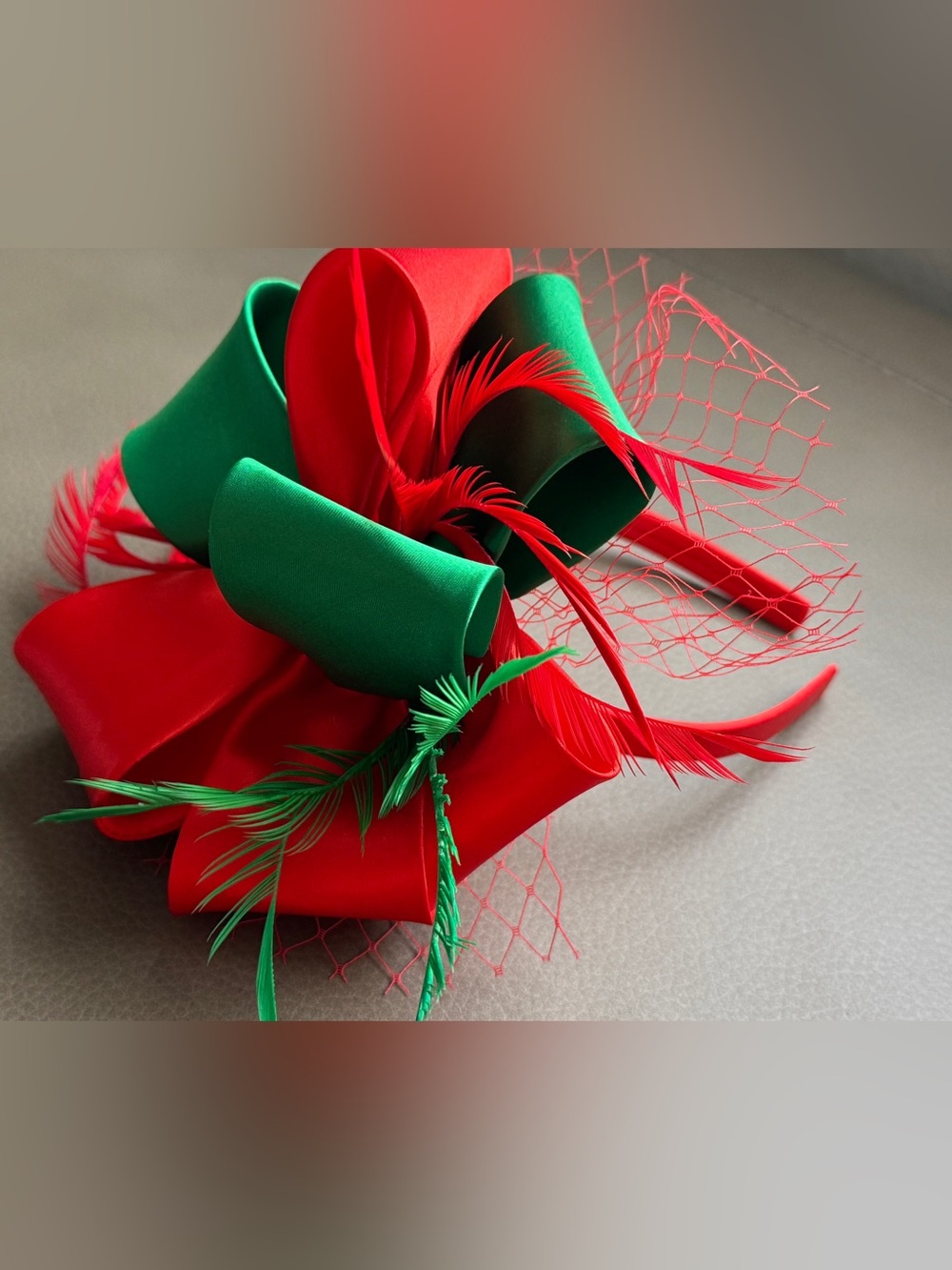 Red and Green Feathered Satin Bow Fascinator